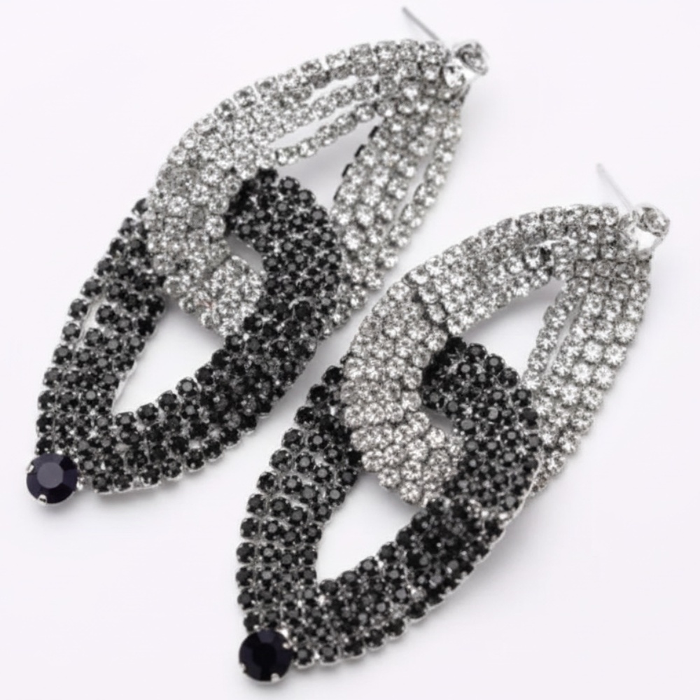 Womens Silver Black Rhinestones‎ Interlocking Teardrop Earrings